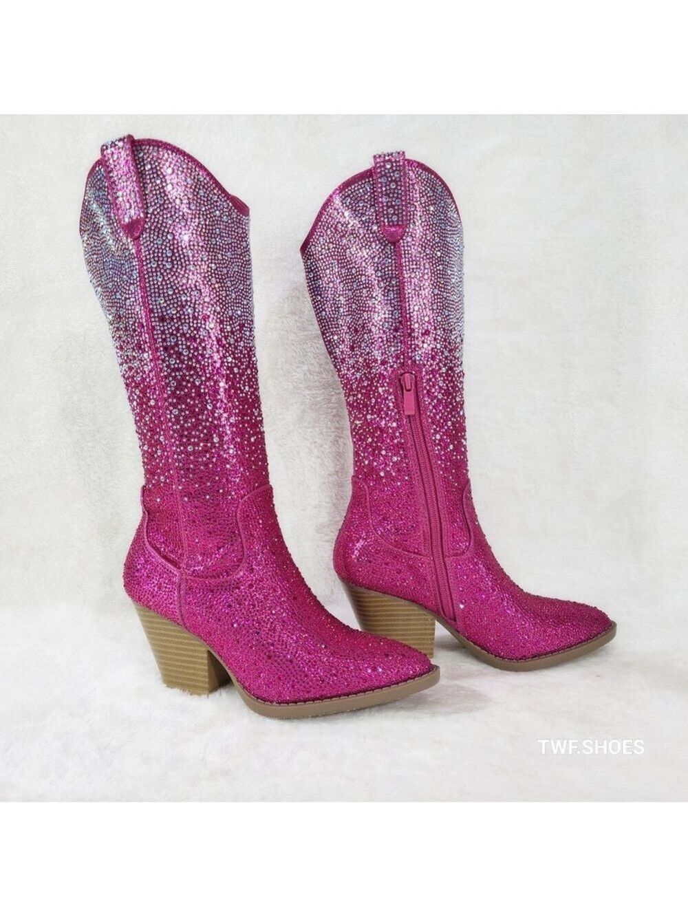 Posh Wild Ones Fuchsia Ombre Rhinestone Western Cowgirl Knee Boots Hot Pink - Picture 10 of 17